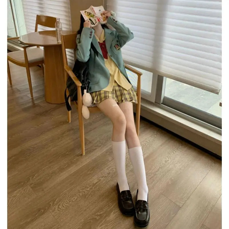 Autumn New Korean College Style Jk Uniform Suit Coat Bow Long Sleeve Shirt Plaid Pleated Skirt Set 3piece Set for