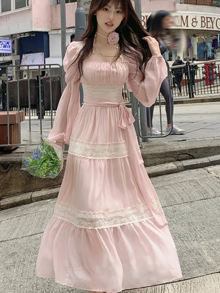 Summer Chiffon Midi Dress Lace Y2k Lolita Fairycore Puff Sleeve High Waist French Evening Party Dresses Prom Robe