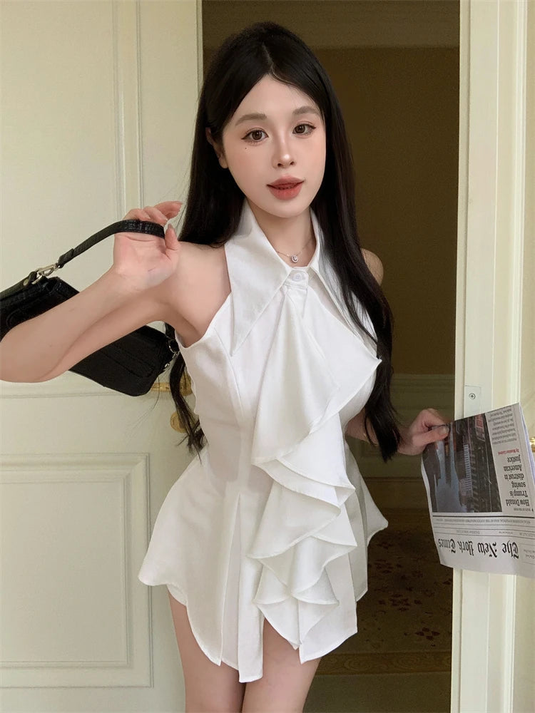 White Ruffle Edge Polo Neck Sleeveless Shirt Top Summer French Style Mid Length Waist Slim Blouses Clothing