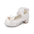 Lolita Pumps Round Toe Thick Mid Heels Cross Strap Buckle Bow Kawaii Cosplay Shoes Winter Beige 46