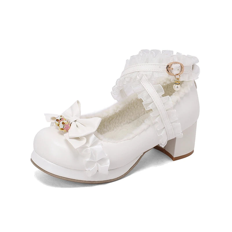 Lolita Pumps Round Toe Thick Mid Heels Cross Strap Buckle Bow Kawaii Cosplay Shoes Winter Beige 46