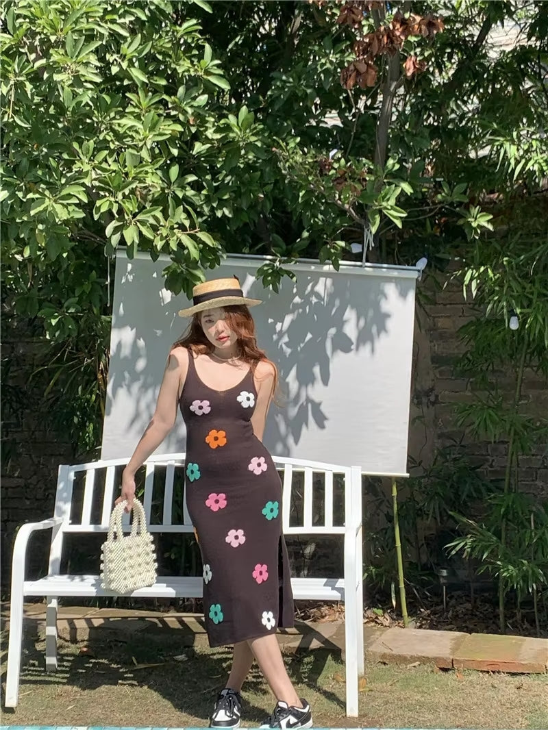 Print Knitted Slit Midi Dress