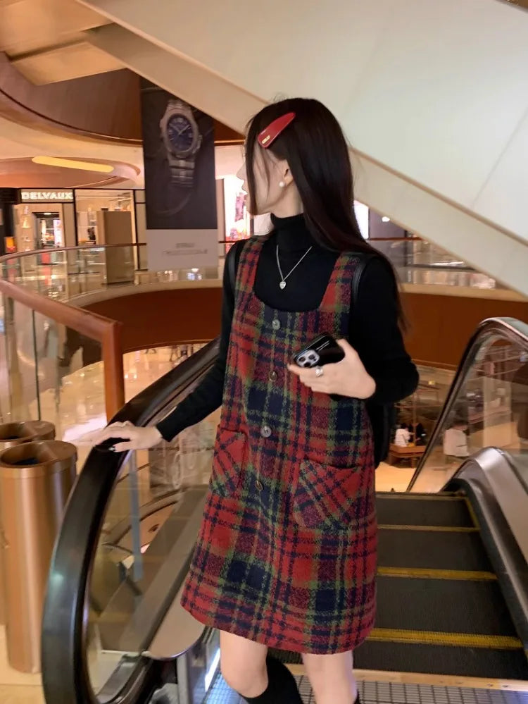 Christmas Red Plaid Strap Dress Female Autumn Winter New Dresses Slimming Sweet Age Reduction Woolen Base Skirt