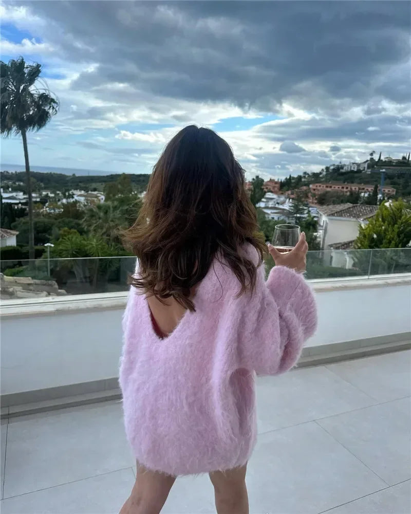 Trendix Loose Backless Knit Pullover for Off Shoulder Long Sleeve Sweater Femme Knitwear Cover-up