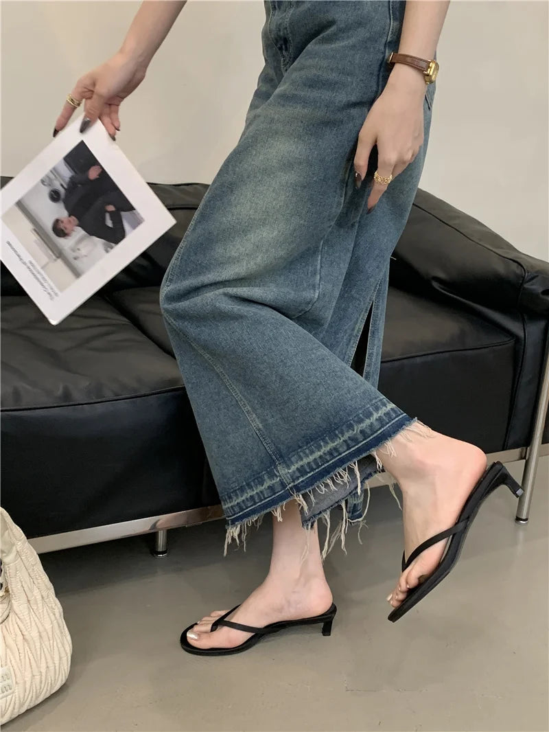Summer New Brand Slipper Narrow Band Slides Outdoor Dress Flat Heel Vacation Sandal