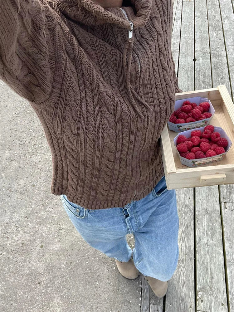 Knit Sweater Cardigan for Patchwork Winter Long Sleeve Lapel Zipper Outwear Knitwear Female New