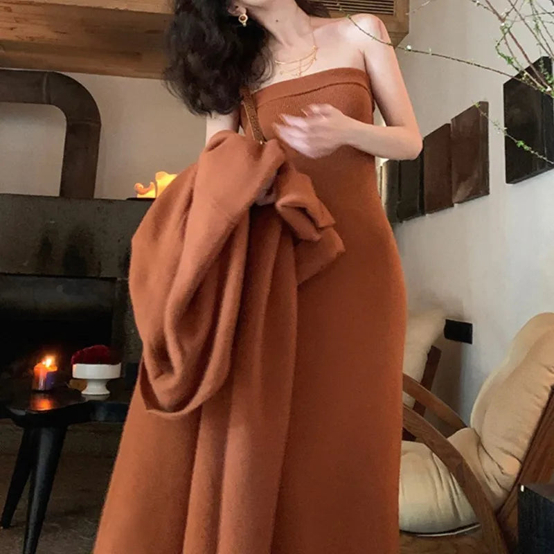 Autumn Winter Warm Knitted 2-piece Dress Set Soft Long Cardigan Strapless Bodycon Split Midi Dress Outfits