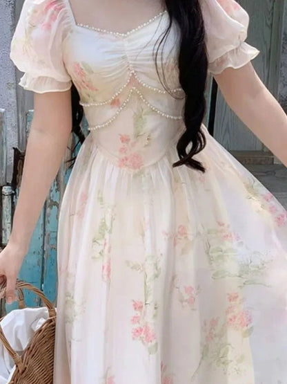 Print Midi Dress Summer New Square Collar Female Puff Sleeve Fairy Holiday Vestidos