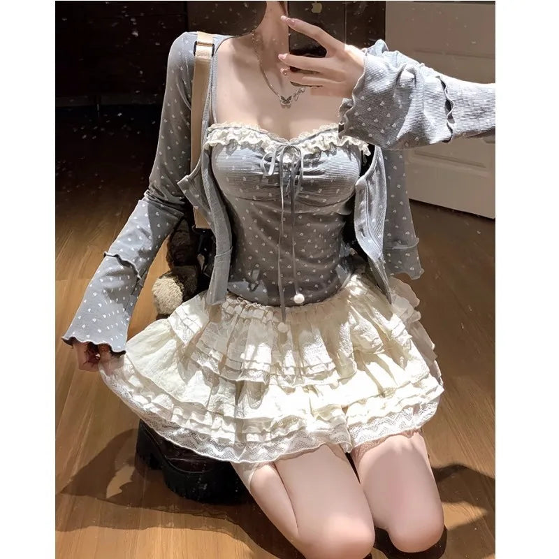 Autumn New Sweet 3-piece Skirt Set Spaghetti Strap Top Cardigan Mini Cake Skirt Y2k Kawaii Korean Suit Clothing