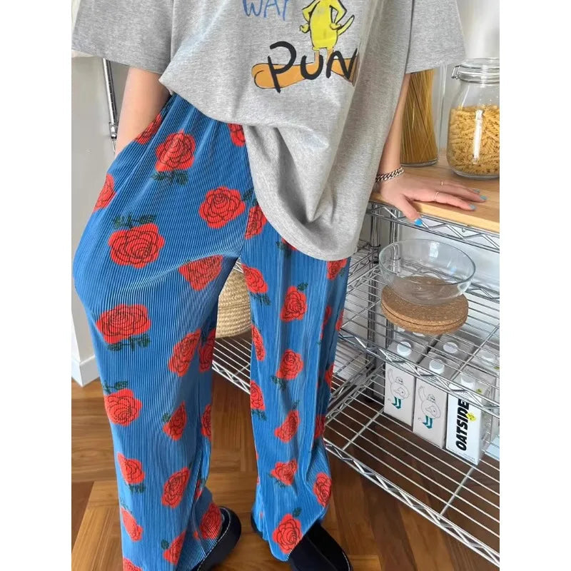 Print Threaded Straight Pants Summer New High Waist Loose All Match Pants