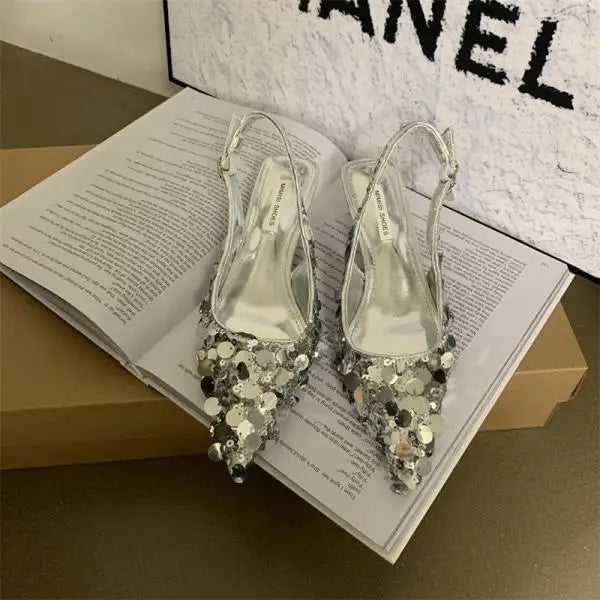 Low Sandals Woman Leather Shoes Closed Toe Bling Bling Suit Female Beige Summer Heels Lowheeled Silver Retro Bright Black