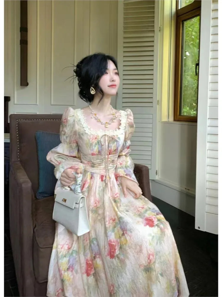 Autumn Painting Printed Long Dress French New Square Collar Lantern Sleeve Midi Dress Laceup Lady Vestidos Largos