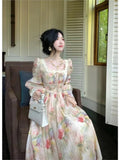Autumn Painting Printed Long Dress French New Square Collar Lantern Sleeve Midi Dress Laceup Lady Vestidos Largos