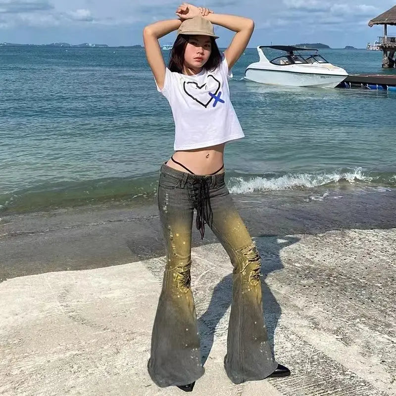 American Y2k Low Rise Jeans Laceup Design Splashed Ink Distressed Thin Versatile Popular Ripped Flared Pants