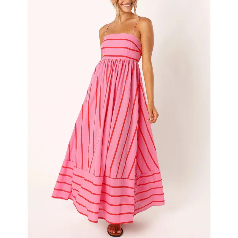 Vacation Dresses Summer Striped Spaghetti Strap Sleeveless High Waist a Line Long Dresses Party Clubwear
