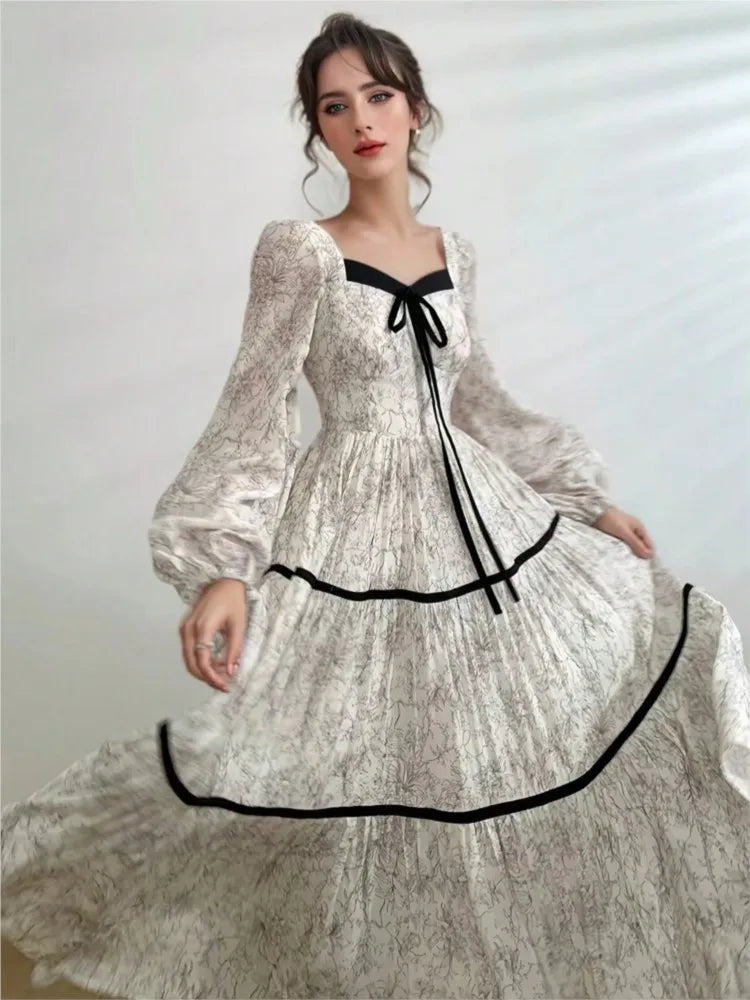 Printed Midi Dresses for Lantern Sleeves Square Collar A-line Birthday Party Dress Autumn New Prom Robe