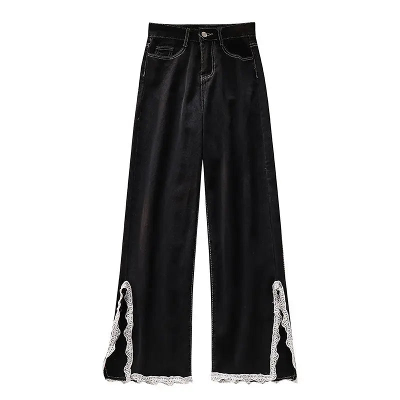 Korean Lace Slit Jeans Pants High Waist Oversize Wide Leg Trousers New Ins All Match Denim