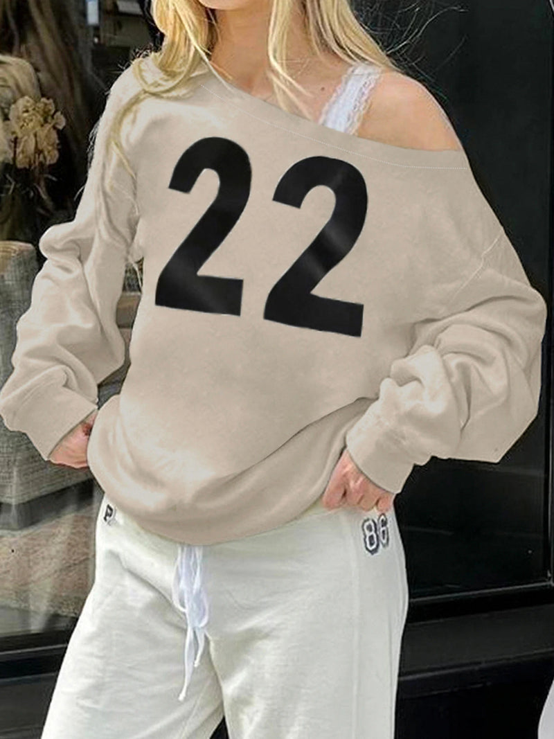Figure Print Loose Sweatshirts Autumn Winter New Off Shoulder Slash Neck Pullovers