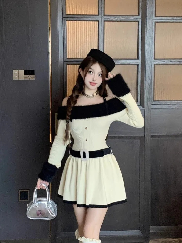 Knitted Dresses Autumn Winter Long Sleeve Slash Neck Slim Mini Dress Party Female