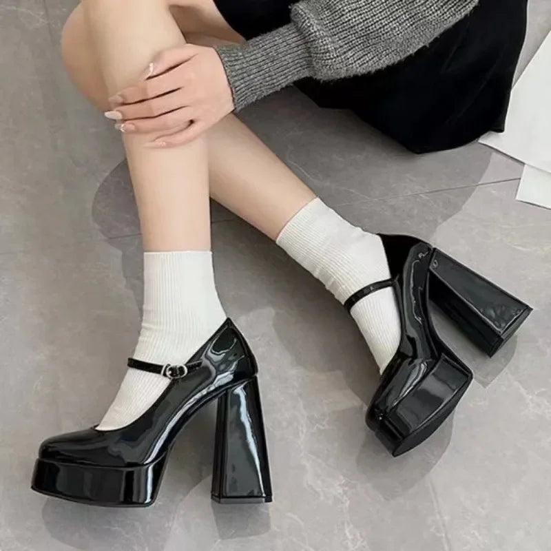 Platform Mary Jane High Heels Chunky Heeled Buckle Strap Color Lolita Shoes Female Sweet Cosplay Pumps