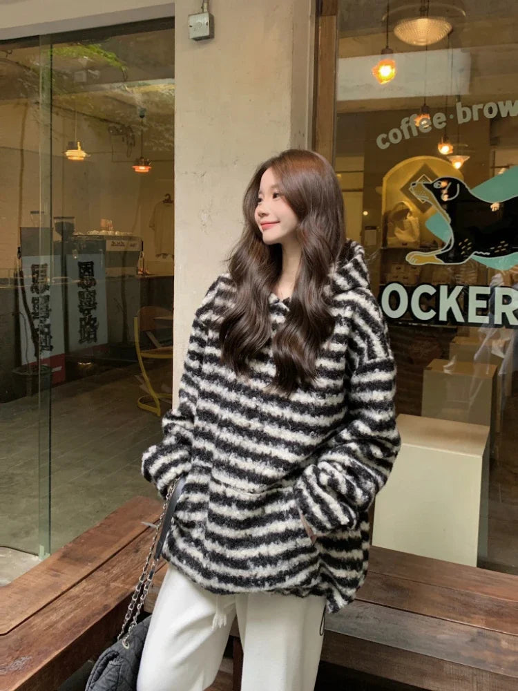 Harajuku Striped Long Sleeve Pullovers Sweatshirt Oversized Hoodies for Winter Warm Clothes New