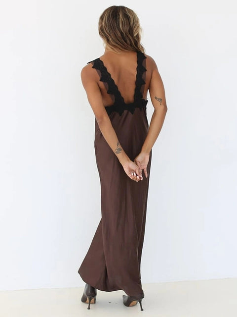 Lace Camisole Open Back Dress for Satin Lace Up Bodycon Long Dress Female Party Club Evening Dress