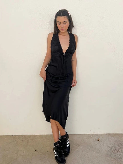 Lace Camisole Open Back Dress for Satin Lace Up Bodycon Long Dress Female Party Club Evening Dress