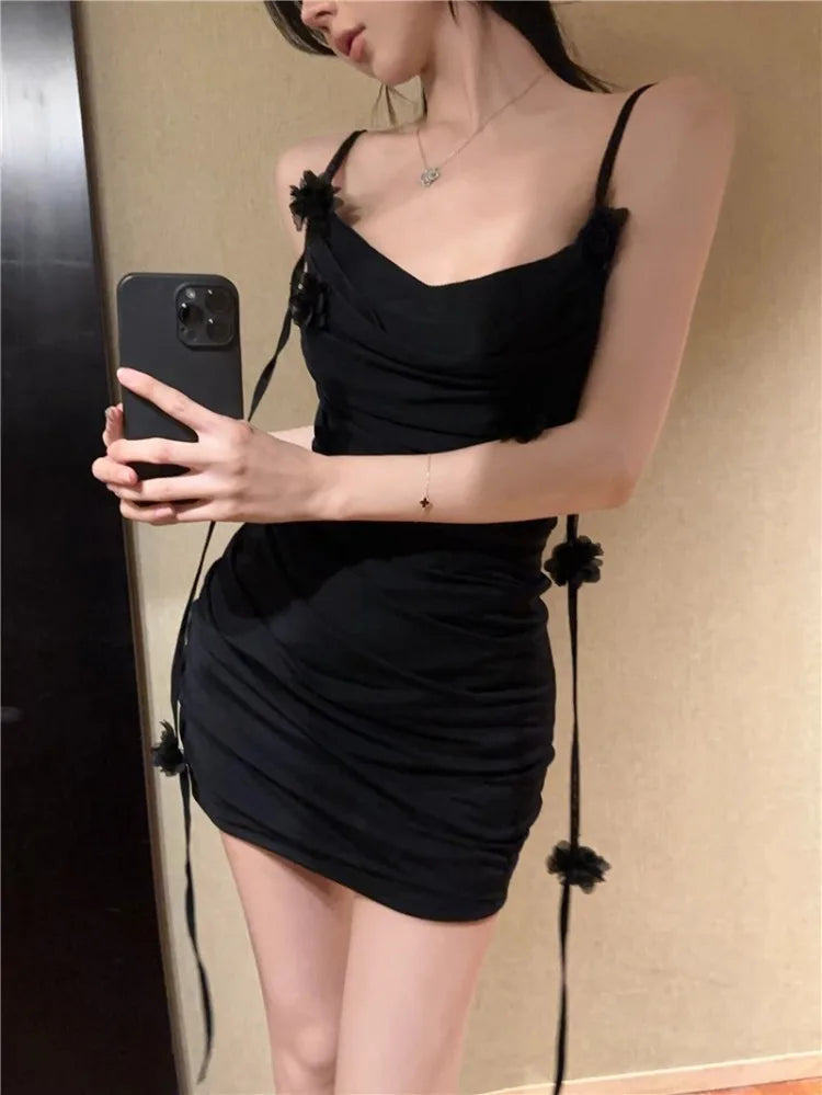 Dress Woman Sleeveless Slash Neck Flowers Slim Tassel Ruched Backless Slim Party Mini Dresses Female Club