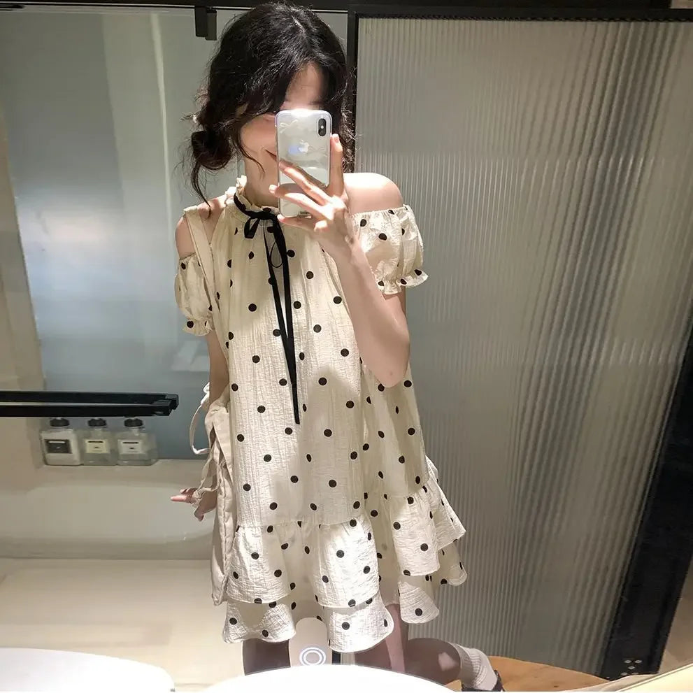 Sweet and Girl's Polka Dot Off Shoulder Princess Doll Dress Summer New Bubble Sleeve Loose Aline Midi Dress for