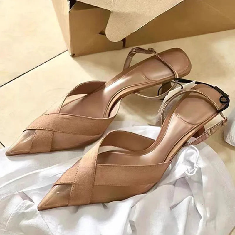 Cross Upper Pumps Slingbacks Point Head Spike Kitten Heels Sandals for Woman Khaki Heels Slipper Shoes Trend
