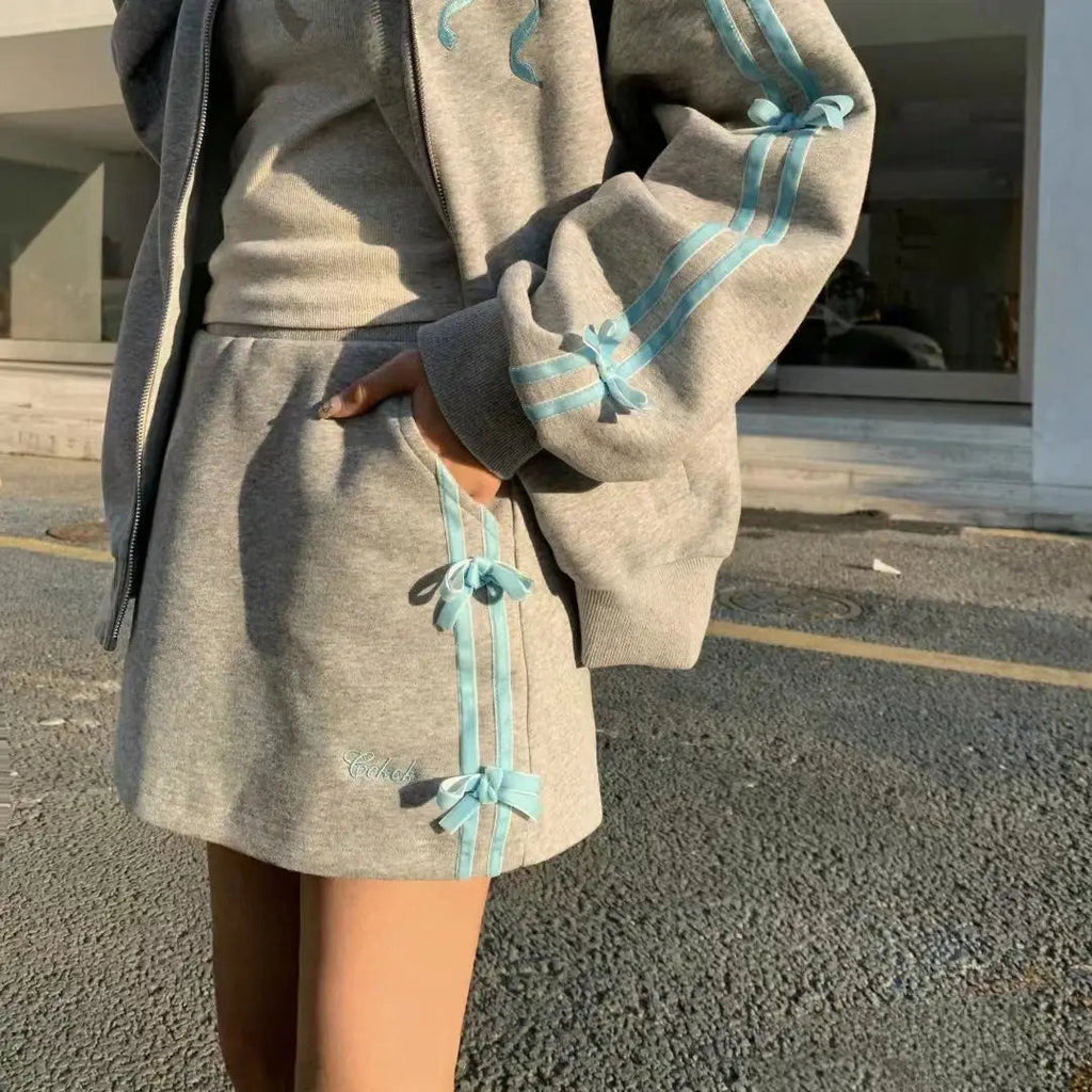 Spring Gray Two Piece Set Outfits Sports Style Plush Loose Zipper Hoodies Coat Aline Short Skirt Set