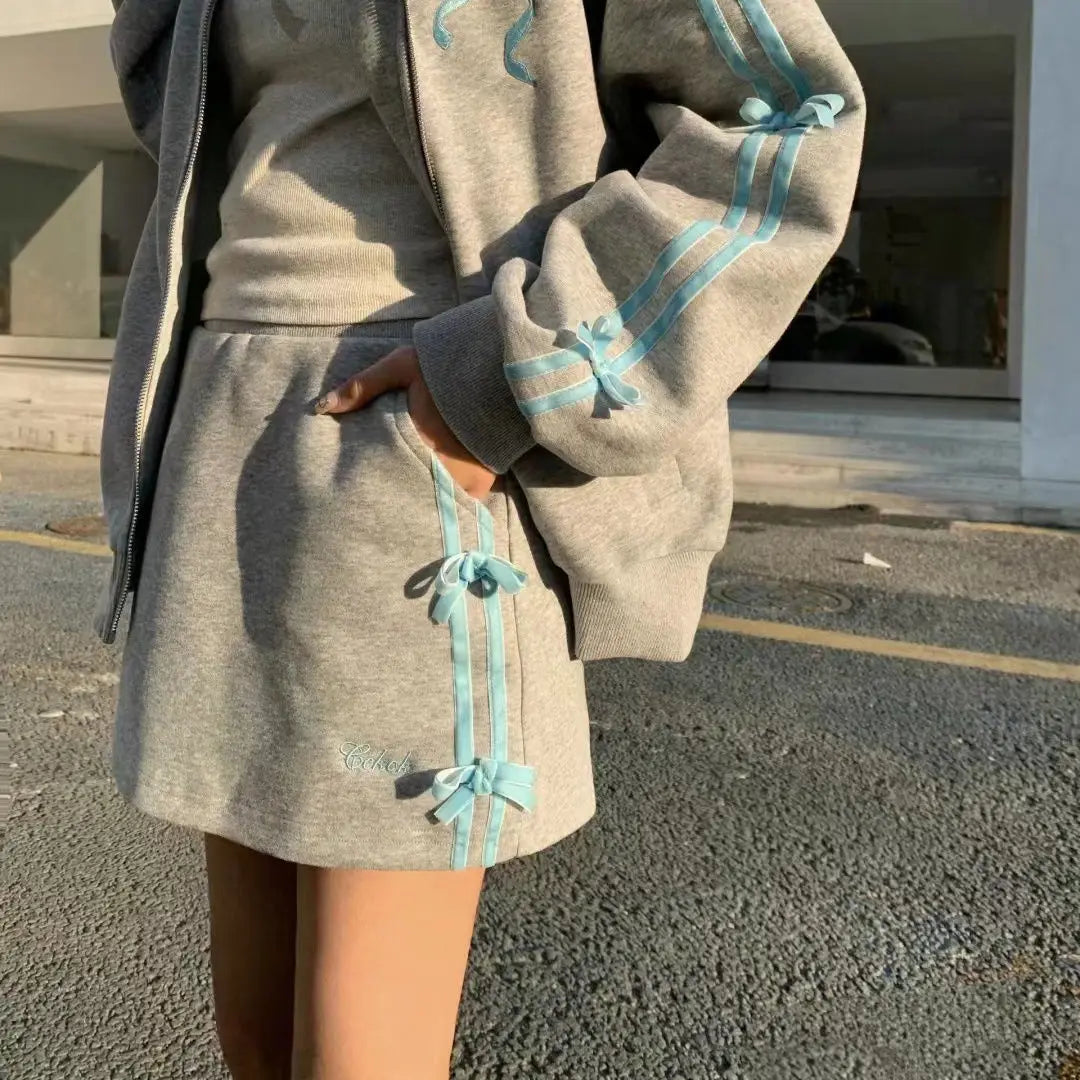 Spring Gray Two Piece Set Outfits Sports Style Plush Loose Zipper Hoodies Coat Aline Short Skirt Set