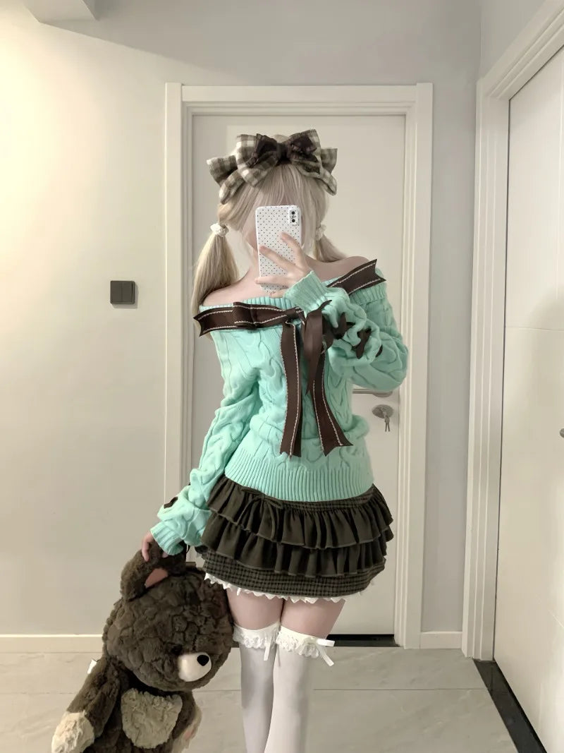 Sweet Hot Girl Retro Suit Autumn and Winter Bow Off Shoulder Sweater Plaid Aline Skirt Twopiece Set Female Clothes