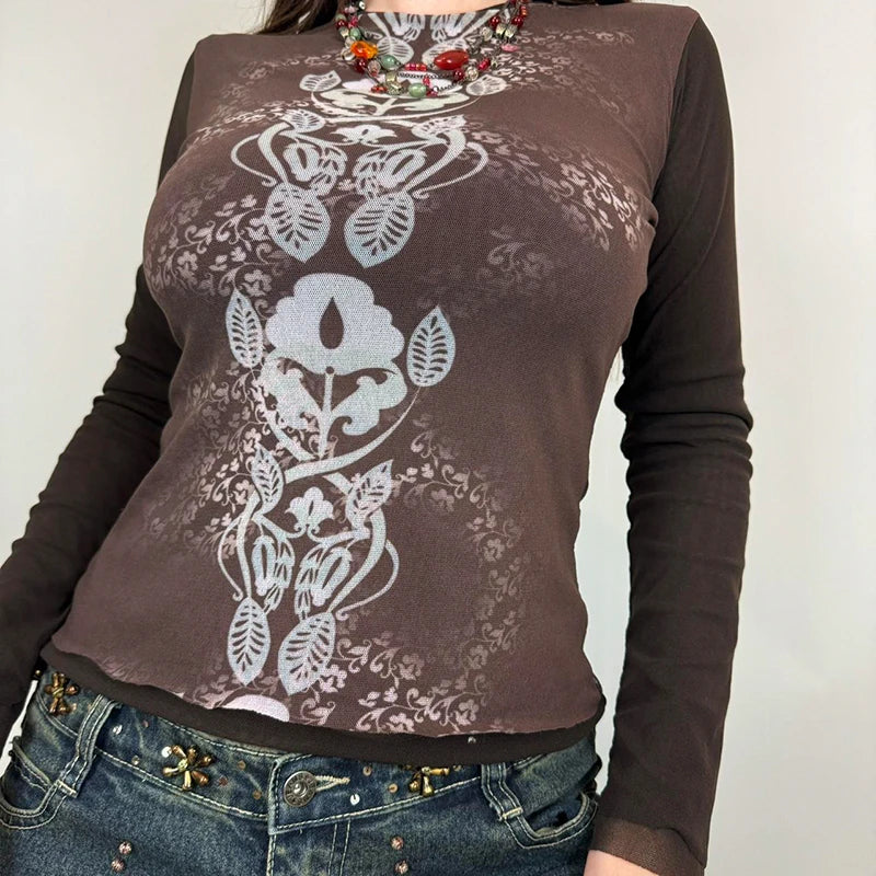 Contrast Color Mesh T-shirt Long Sleeve O Neck Fitted Crop Top Semi-sheer Grunge Style Brown Tee