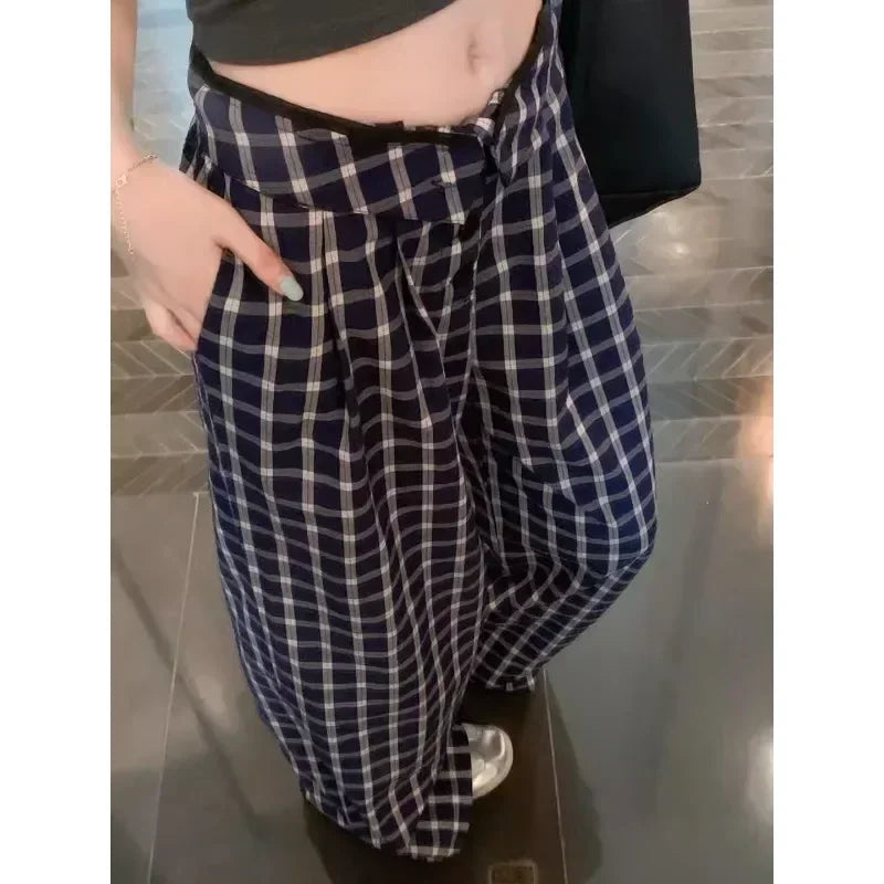 Multibutton Loose Pants Summer New Korean Contrast Color Plaid All Match Wide Leg Pants