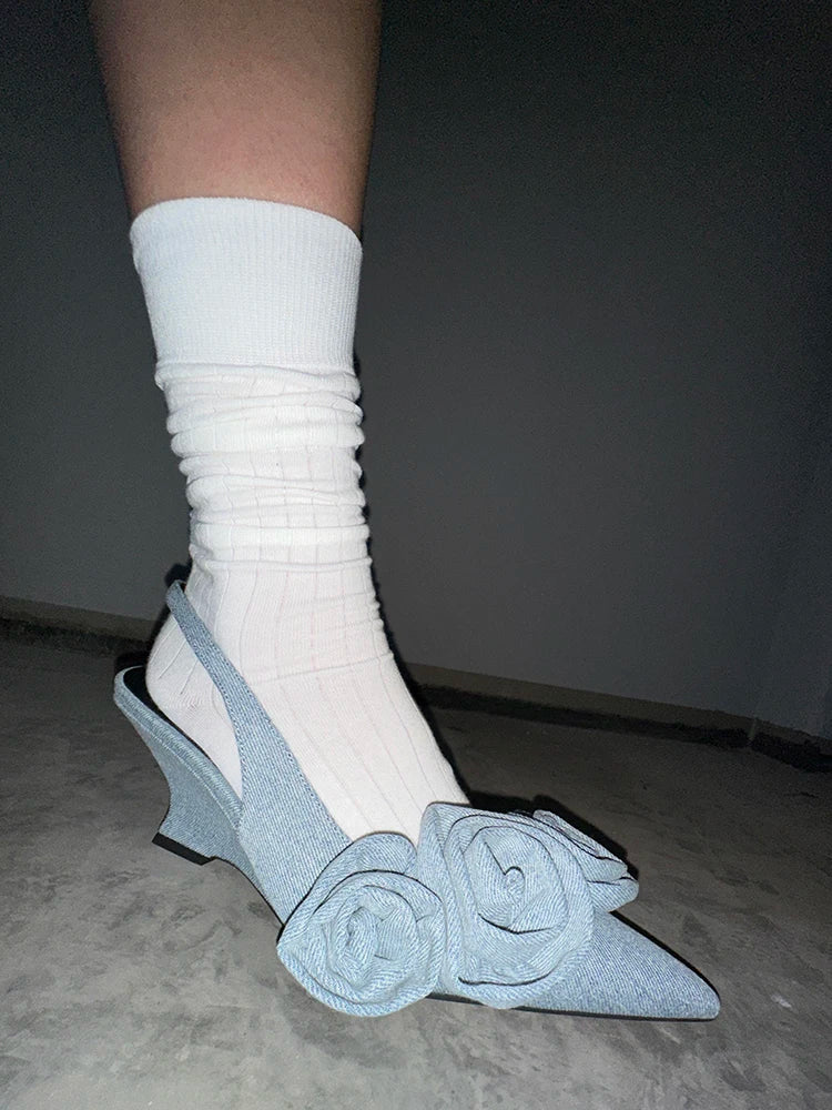 Denim Flower Wedges Sandals Pointy Toe Back Straps Summer Shoes Lady Unique Street Dress Party Shoes