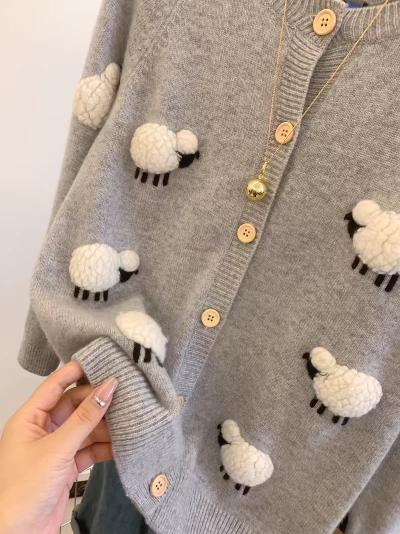 Sweet Hot Girl Threedimensional Lamb Knitted Cardigan Autumnwinter Thickened Oneck Longsleeved Loose Sweater