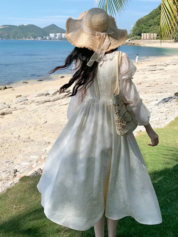 Puff Sleeves Lace Up Midi Dress Summer Medieval Retro Evening Party Prom Onepiece Clothing
