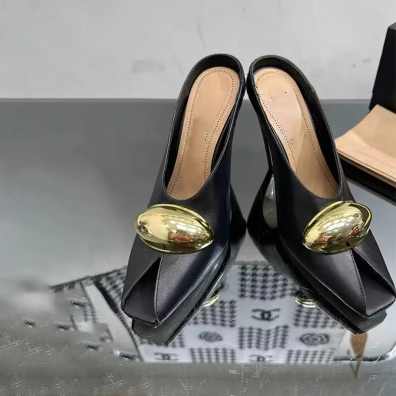 European and American Metal Buckle Slim High Heel Muller Fish Mouth Sandals Pointed Nightclub Runway Shoes