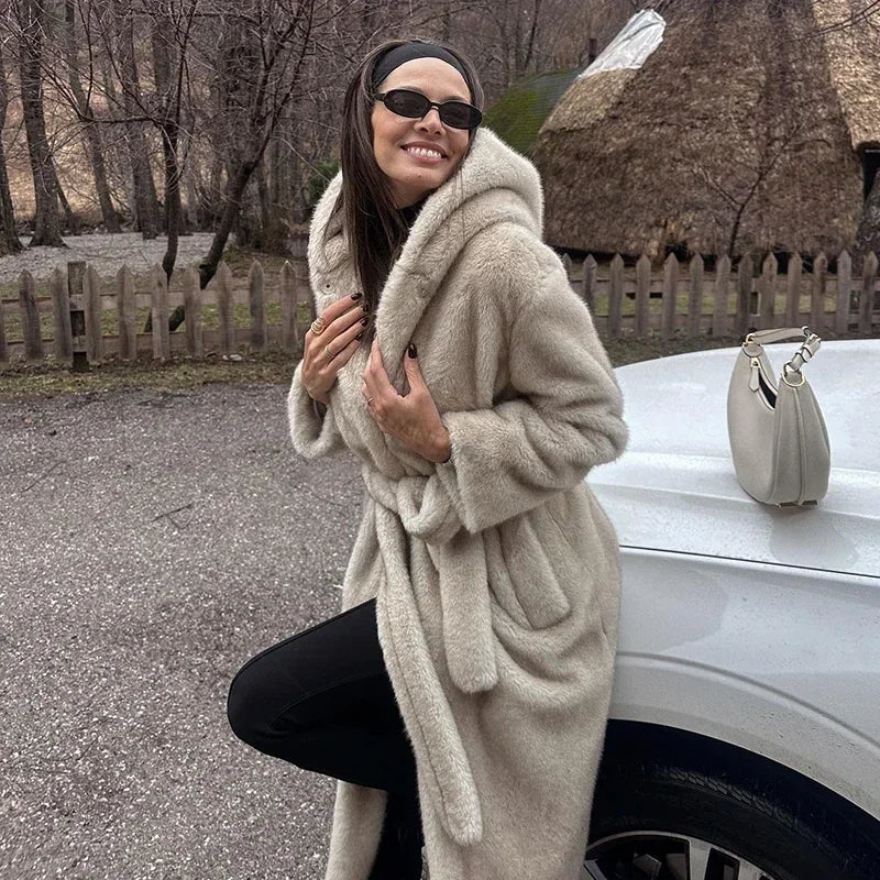 Belted Faux Mink Fur Coat Winter Beige Gradient Furry Fur Jacket Brand Hooded Warm Outerwear Overcoat