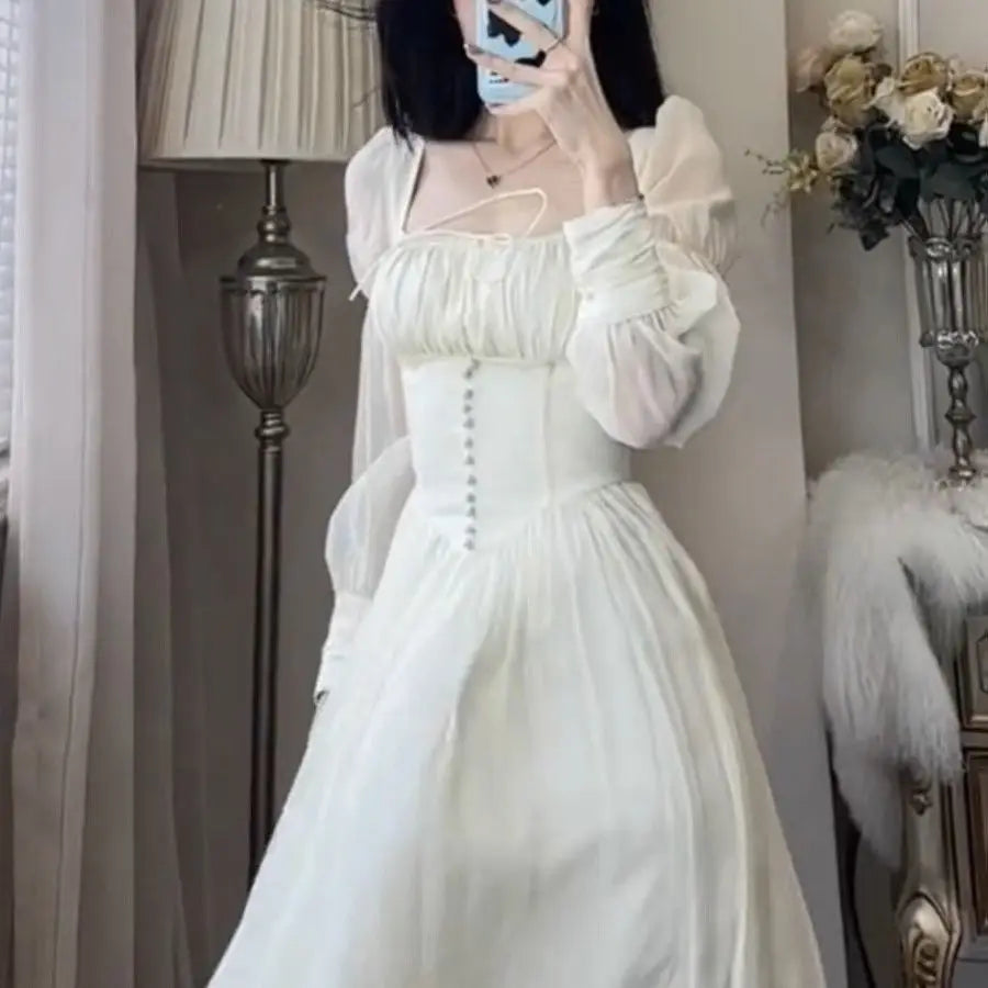 French Lantern Sleeve Lace Up Midi Dress Spring and Summer Square Neck Evening Party Prom Robe Dress