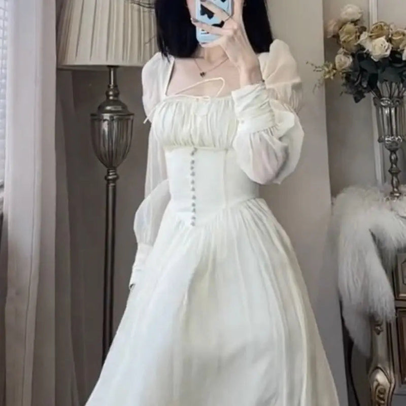 French Lantern Sleeve Lace Up Midi Dress Spring and Summer Square Neck Evening Party Prom Robe Dress