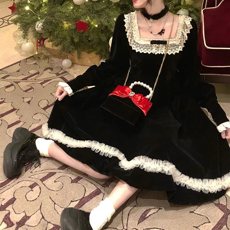 French Style Bow Lace Velvet Long Dress Autumn New Long Sleeve Temperament Princess Style Dresses