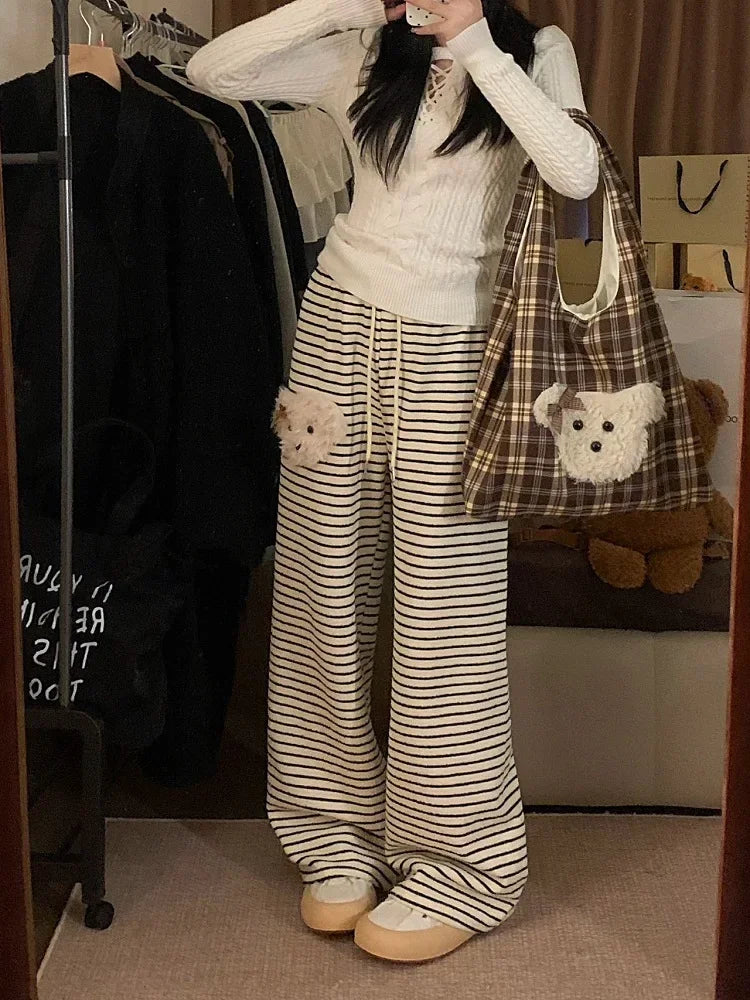 Stripe Dog Graphic Sweatpants Cutecore Cartoon Embroidery Wide Leg Straight Pants Korean Thick Warm Winter Bottoms