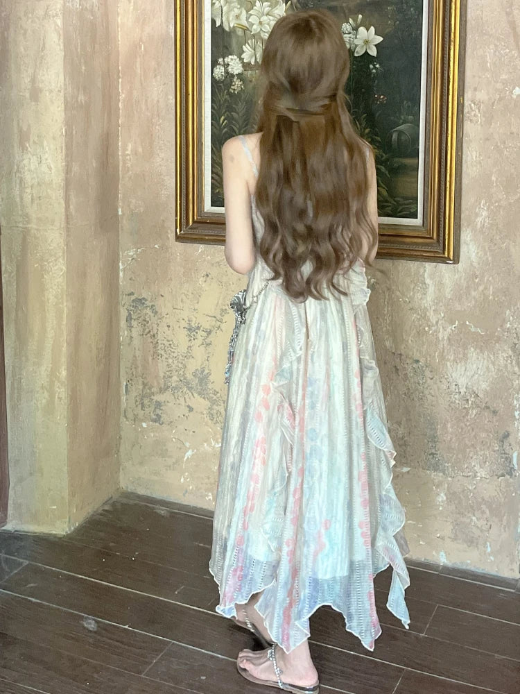 Kawaii Sweet Y2k Japanese Midi Dress Lace Design Camisole Dresses French Evening Party