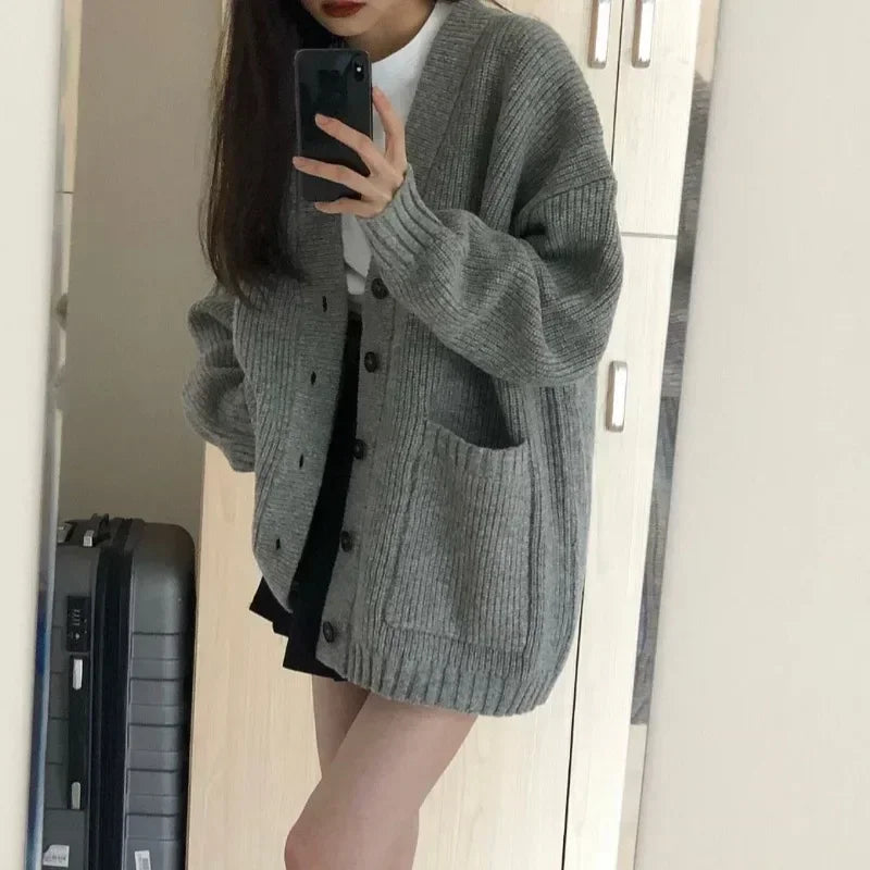 Autumn Winter Cardigan Sweater Coats Female Long Sleeve V-neck Loose Knitted Jackets Sweater Cardigans