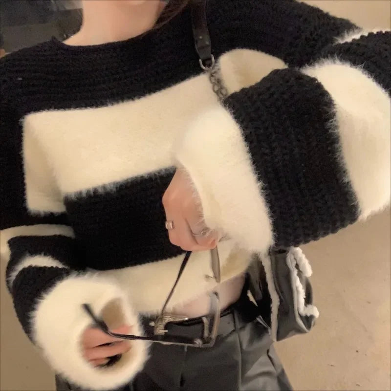 High Street Loose Soft Cashmere Long Sleeve Sweater Winter New Oneck Contrast Color Striped Knitted Crop Tops