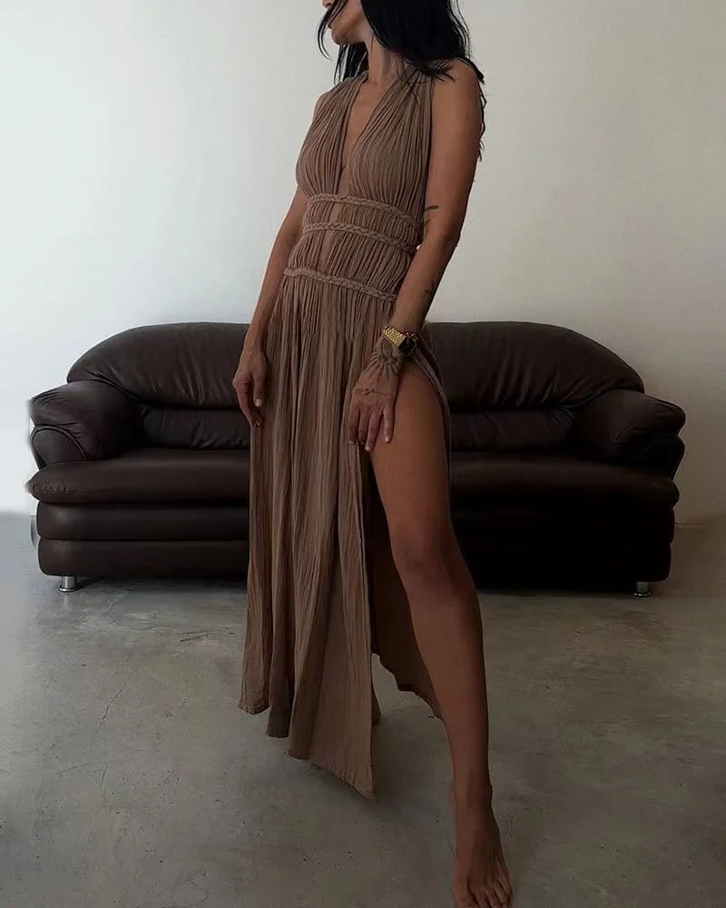 Deep Vneck Party Dress Summer Loungewear Sleeveless Maxi Dress Hollow Out Dress Vestidos