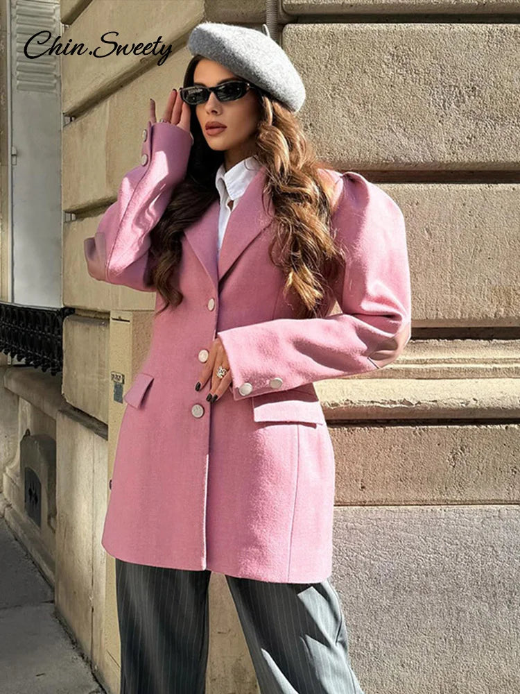 ’s Puff Sleeve Blazer Slim Lapel Single Breasted Cinched Waist Female Jacket Spring Lady High Street Outwears
