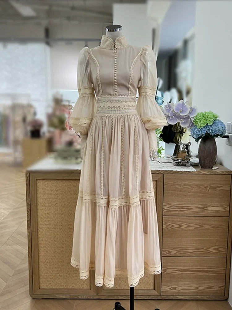 Long Dress Fairy Style Stand Up Collar Lantern Sleeves Splicing Waist Dresses Spring Autumn 1351